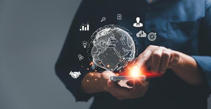 Person using a smartphone with a digital globe and marketing icons representing global digital marketing strategy.