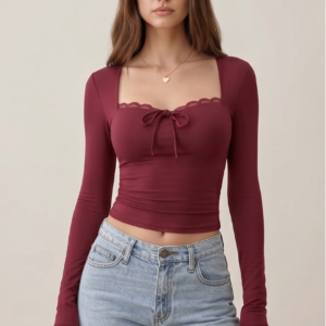 Burgundy Lace Trim Tie Front Top