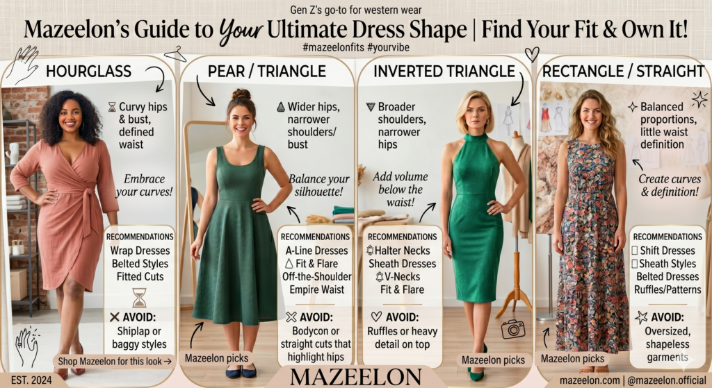 Woman wearing a flattering dress that suits her body type, showcasing fashion styling tips and the perfect dress fit.